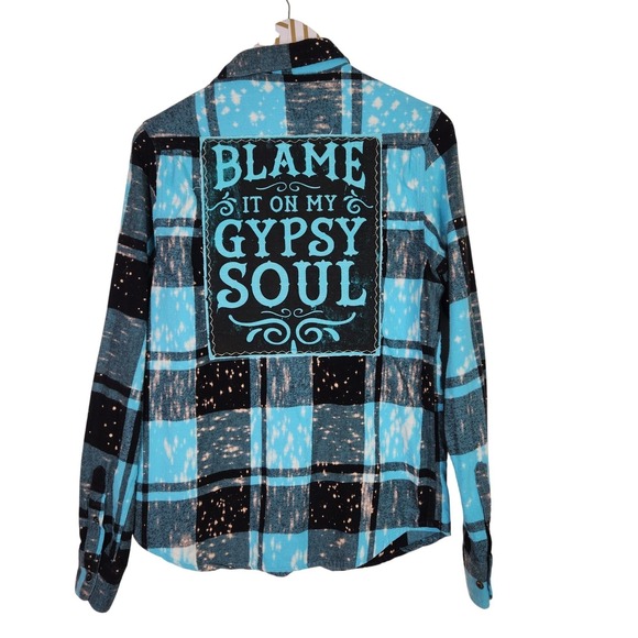 ANGRY MINNOW Shirt Unisex Small Blue Plaid Flannel Gypsy Soul Graphic Back